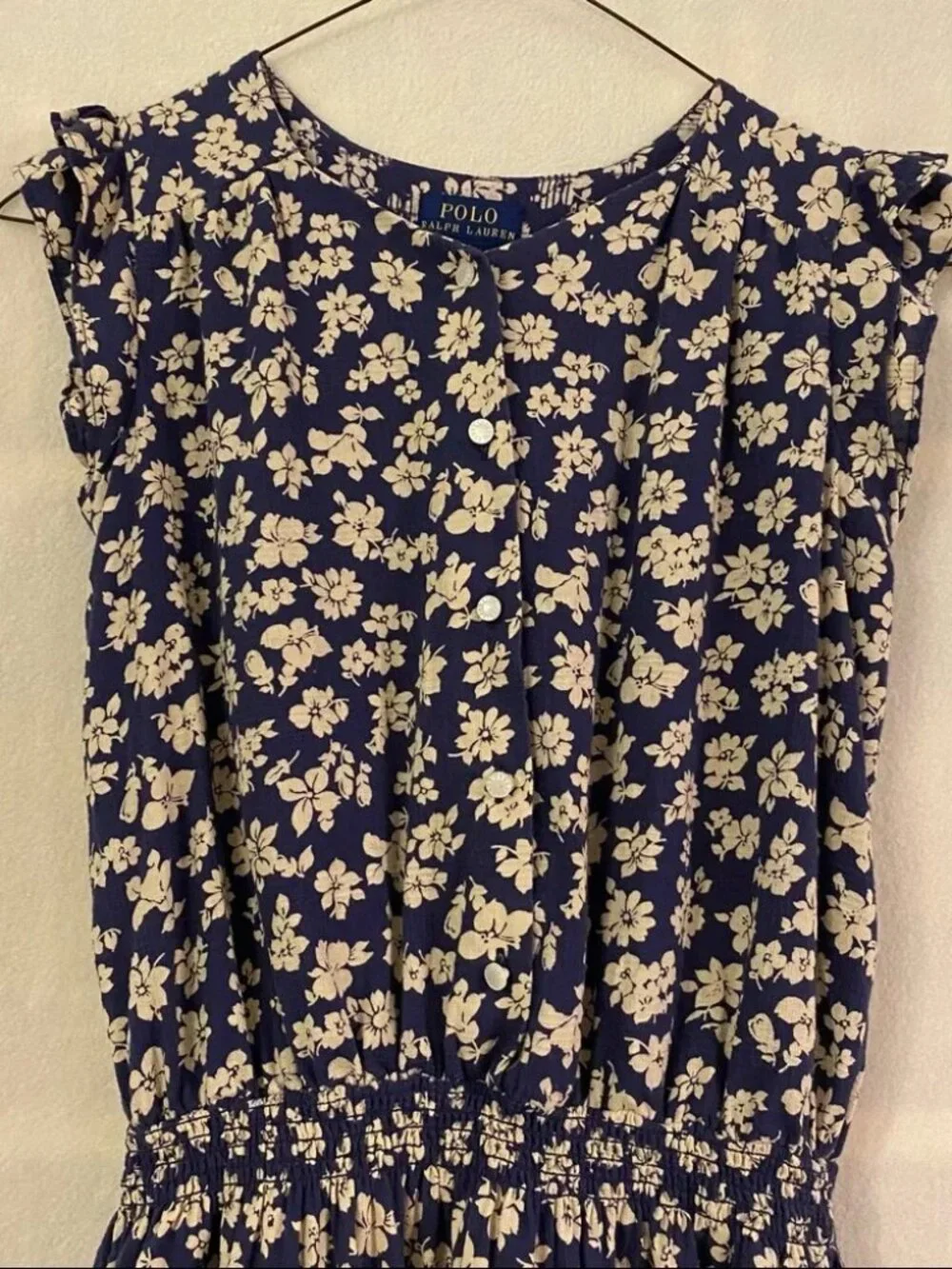 Polo Ralph Lauren indigo blue tan floral button down elastic waist dress